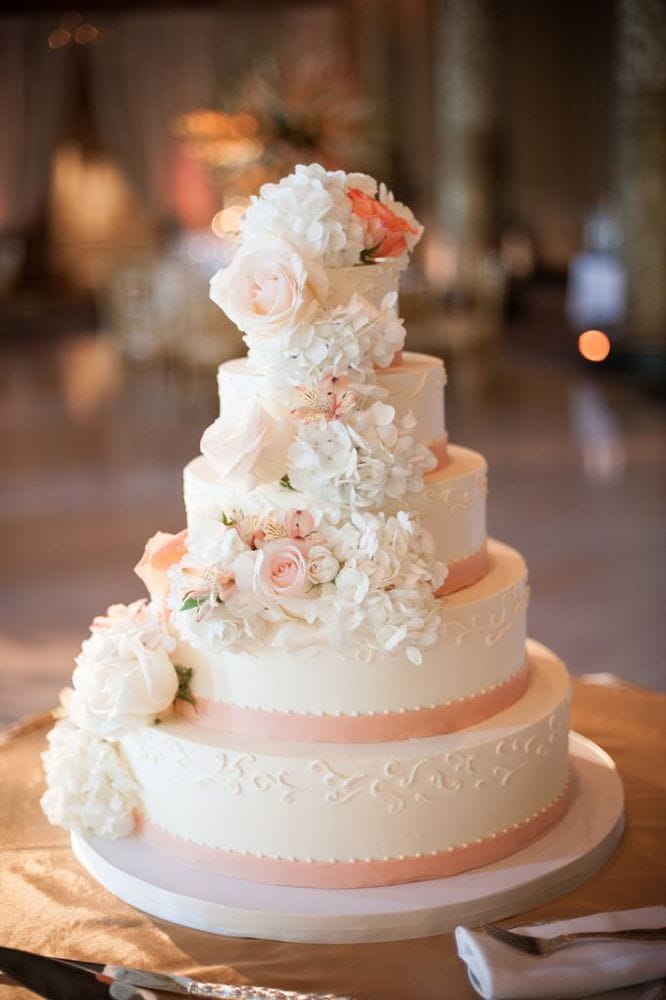 Chicago-Wedding-The-Knot-Drake-Hotel-White-Cake-Peach-Ribbon-Flowers