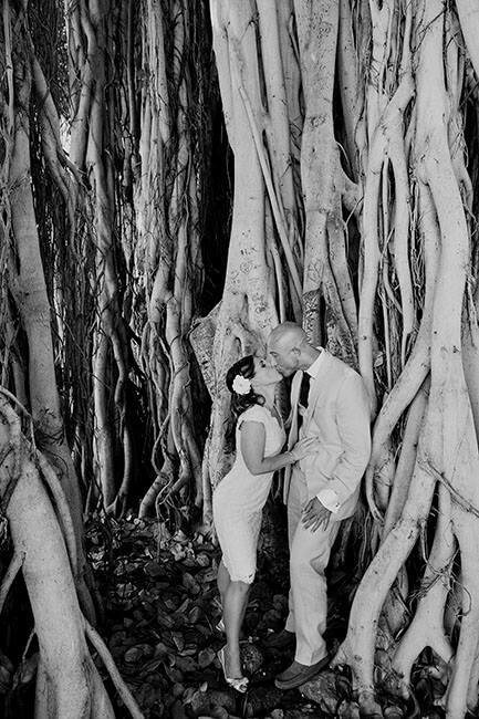 bride and groom kissing against a tree at Halekulani hotel in Hawaii