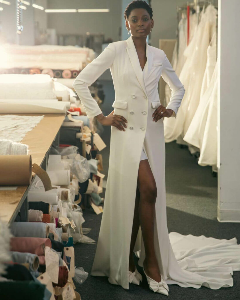 Model wearing an Amsale wedding gown during New York Bridal Fashion Week Fall 2022