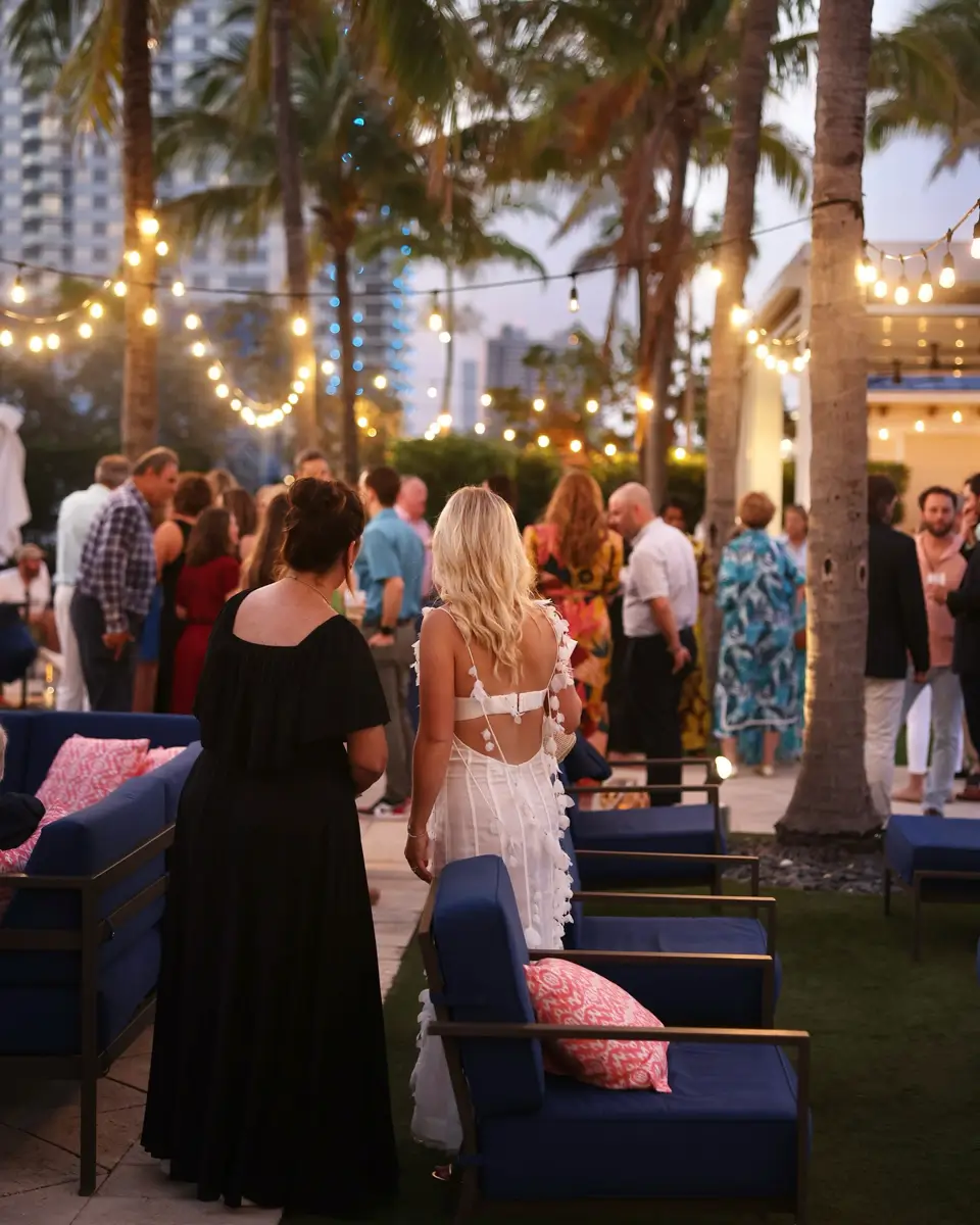 Wedding planner and bride standing at outdoor wedding reception in Palm Beach, Florida.