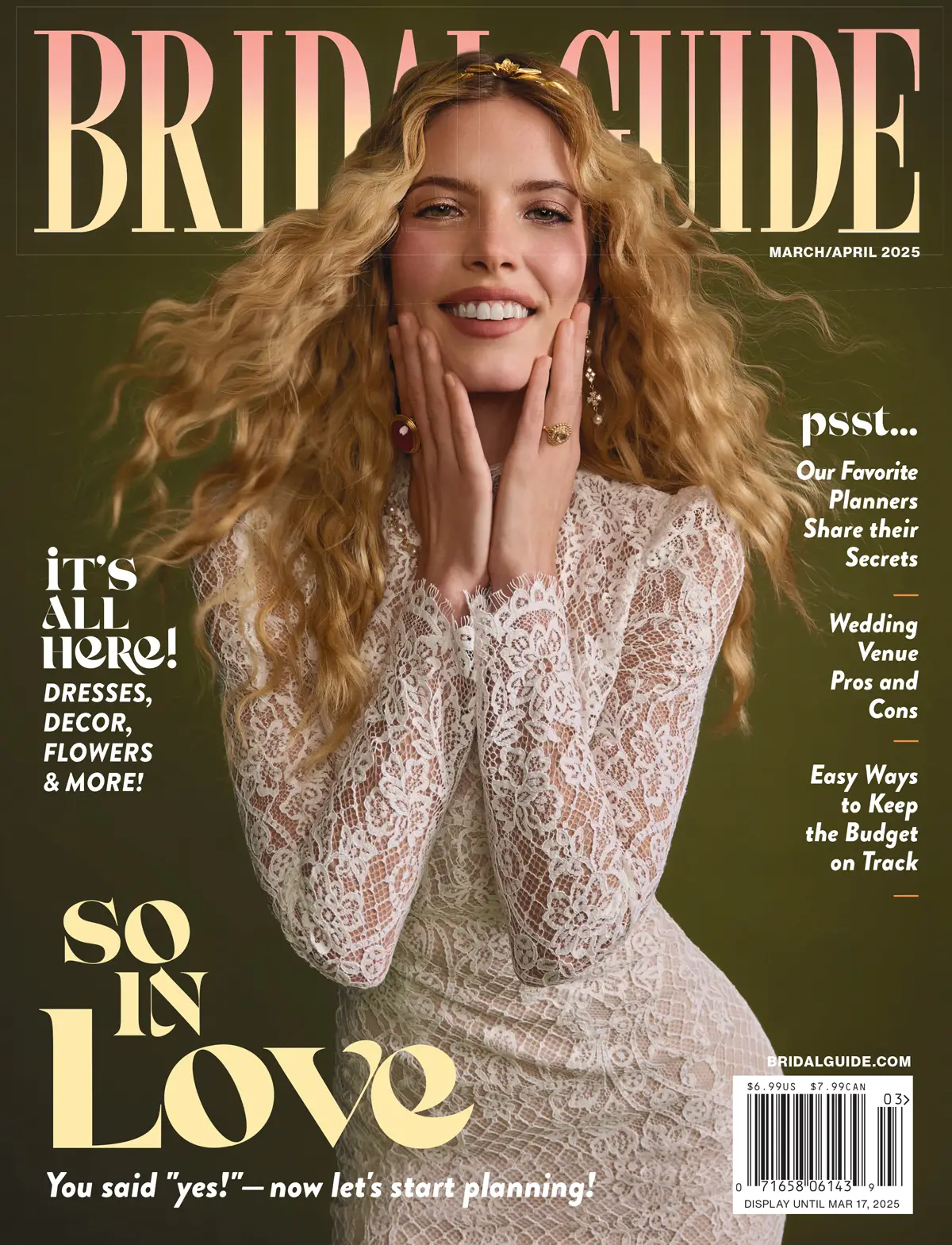 Bridal Guide magazine cover for March, April 2025 issue.