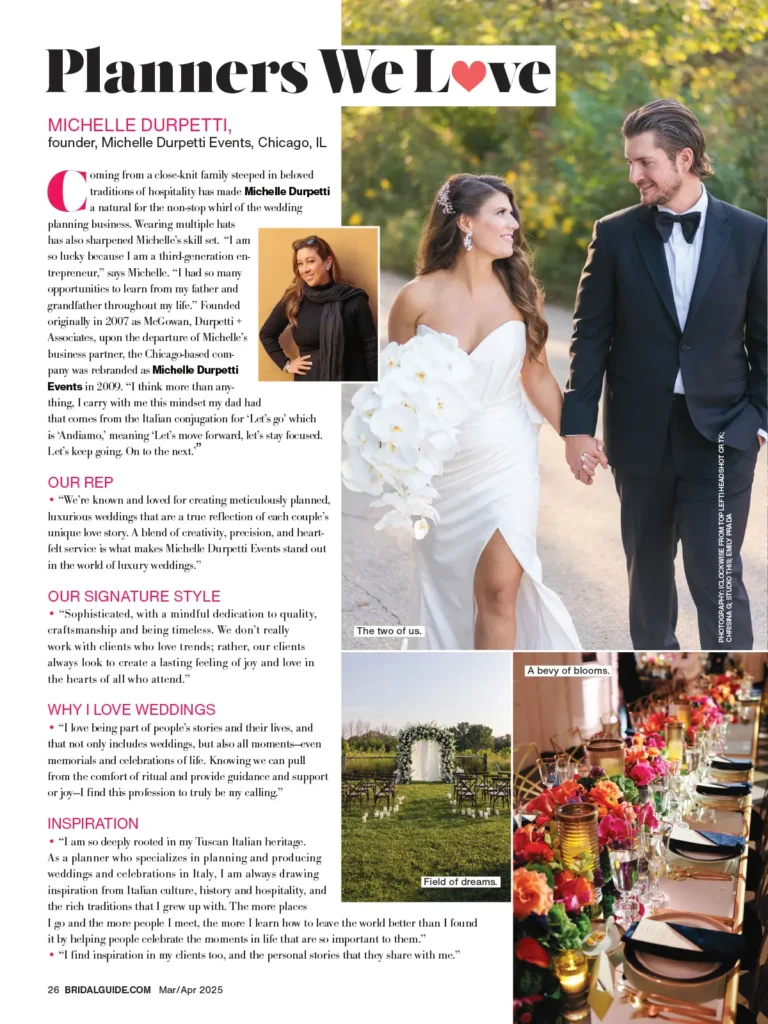 Michelle Durpetti Events featured in Bridal Guide "Planners We Love" section in March, April 2025 issue.