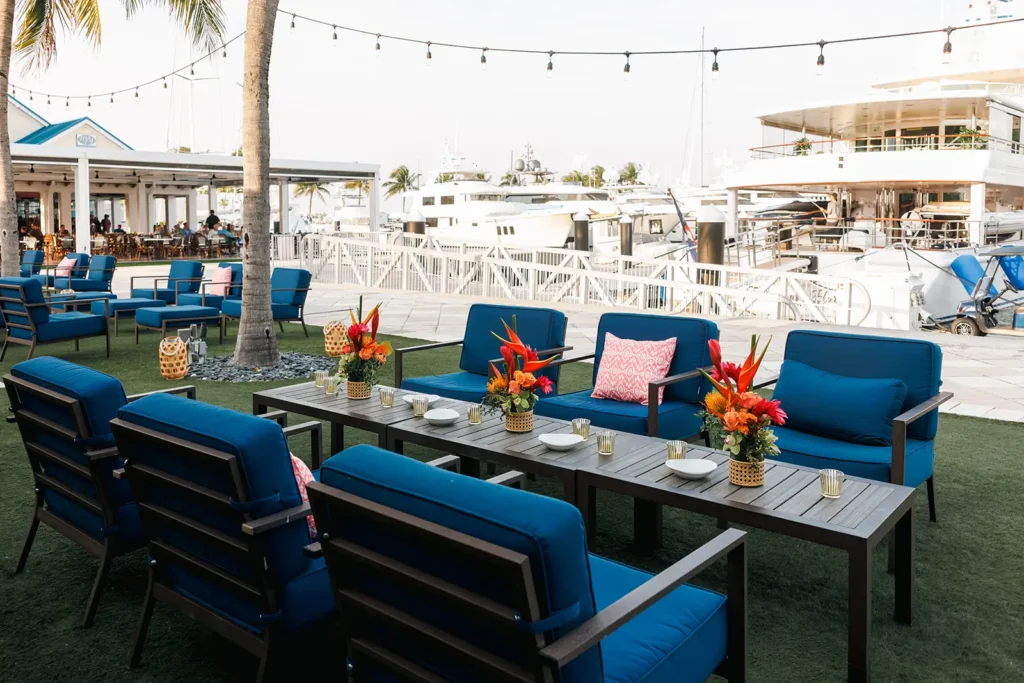 Welcome party seating for destination wedding in Palm Beach, Florida.