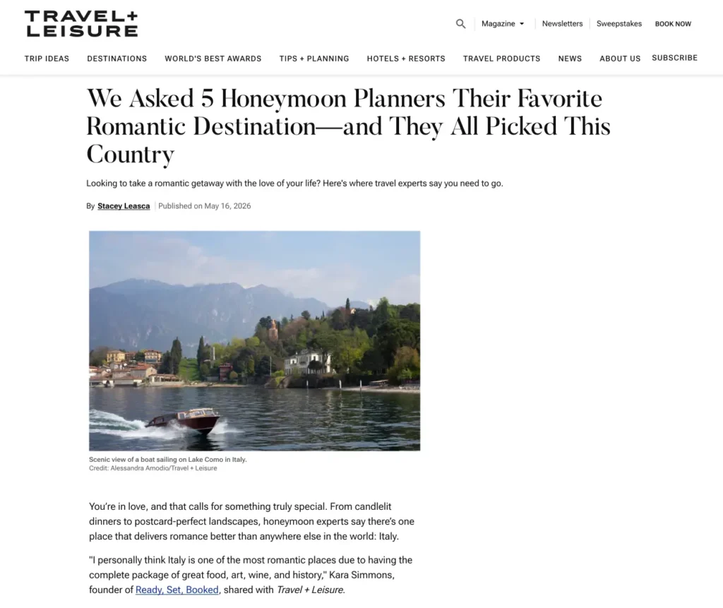 Travel + Leisure article titled “We Asked 5 Honeymoon Planners Their Favorite Romantic Destination—and They All Picked This Country,” featuring a scenic image of Lake Como, Italy, with a boat on the water and mountains in the background.