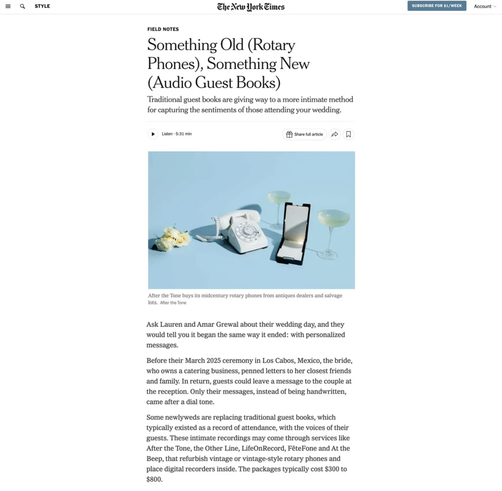 Audio Guestbook Wedding Keepsake trend article on The New York Times.